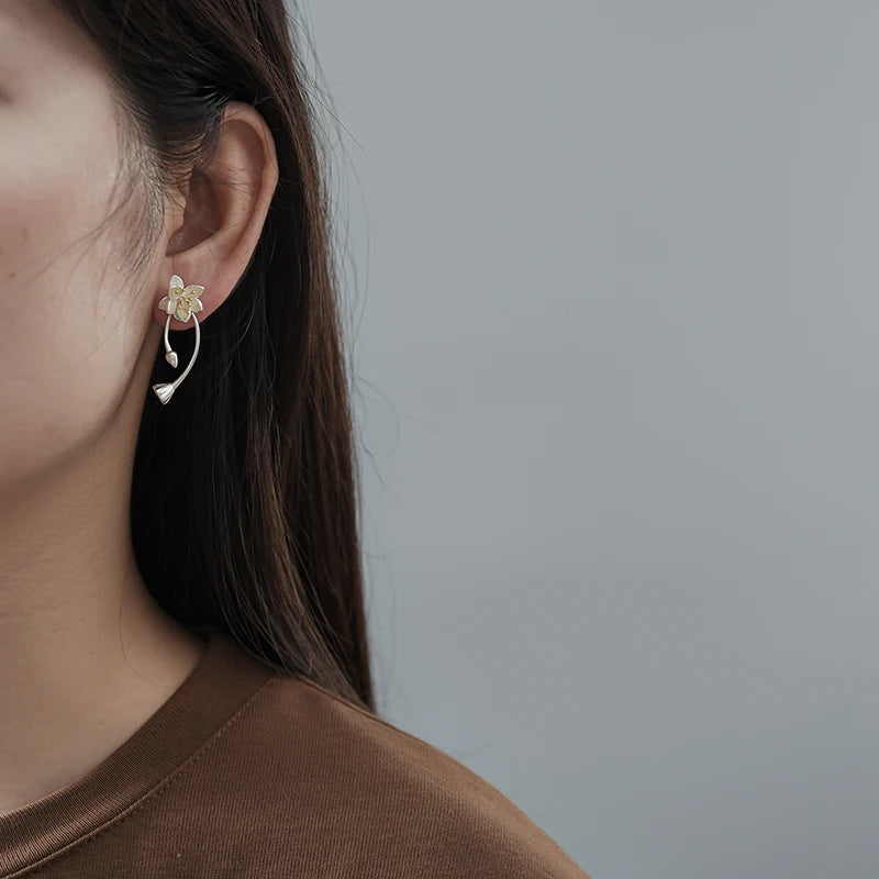 Lotus Fun Real 925 Sterling Silver Lotus Whispers Long Drop Earrings Dual Use Elegant Flower Earrings for Women Fine Jewelry