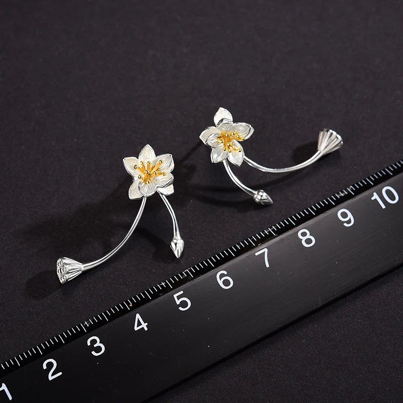 Lotus Fun Real 925 Sterling Silver Lotus Whispers Long Drop Earrings Dual Use Elegant Flower Earrings for Women Fine Jewelry