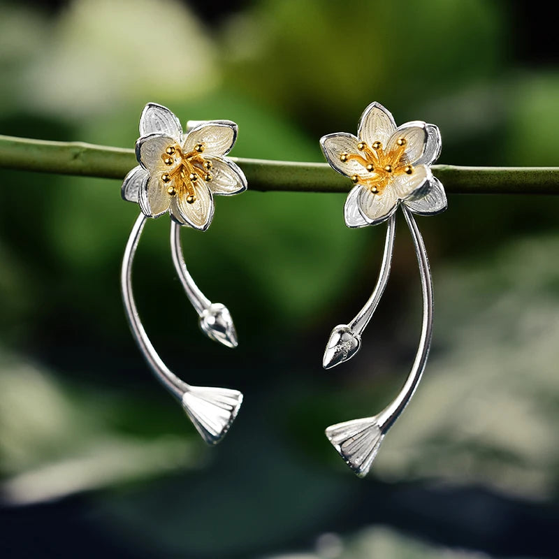 Lotus Fun Real 925 Sterling Silver Lotus Whispers Long Drop Earrings Dual Use Elegant Flower Earrings for Women Fine Jewelry