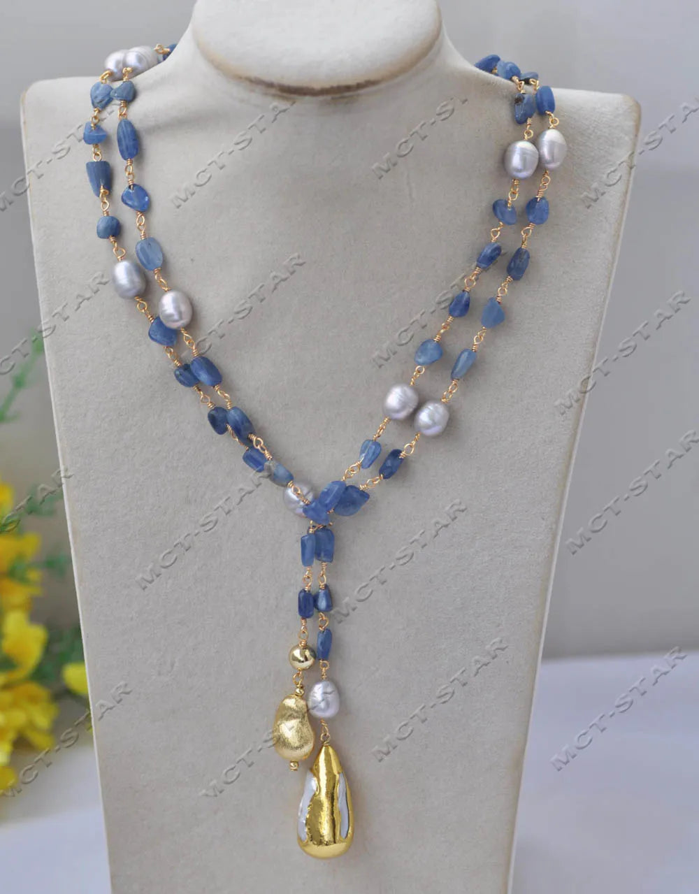 MTC·STAR Z13609 48" 32mm Blue Kyanites Chain Gray Rice Pearl Necklace White Tower Pearl Pendant Custom Jewelry