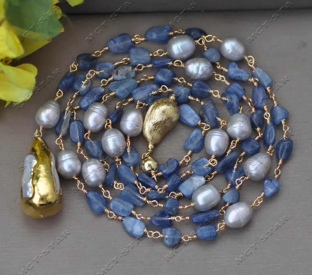 MTC·STAR Z13609 48" 32mm Blue Kyanites Chain Gray Rice Pearl Necklace White Tower Pearl Pendant Custom Jewelry