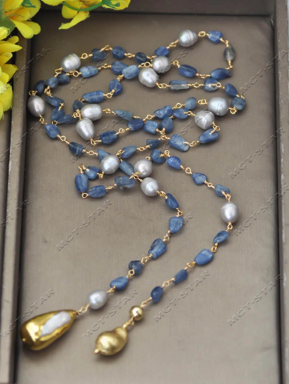 MTC·STAR Z13609 48" 32mm Blue Kyanites Chain Gray Rice Pearl Necklace White Tower Pearl Pendant Custom Jewelry